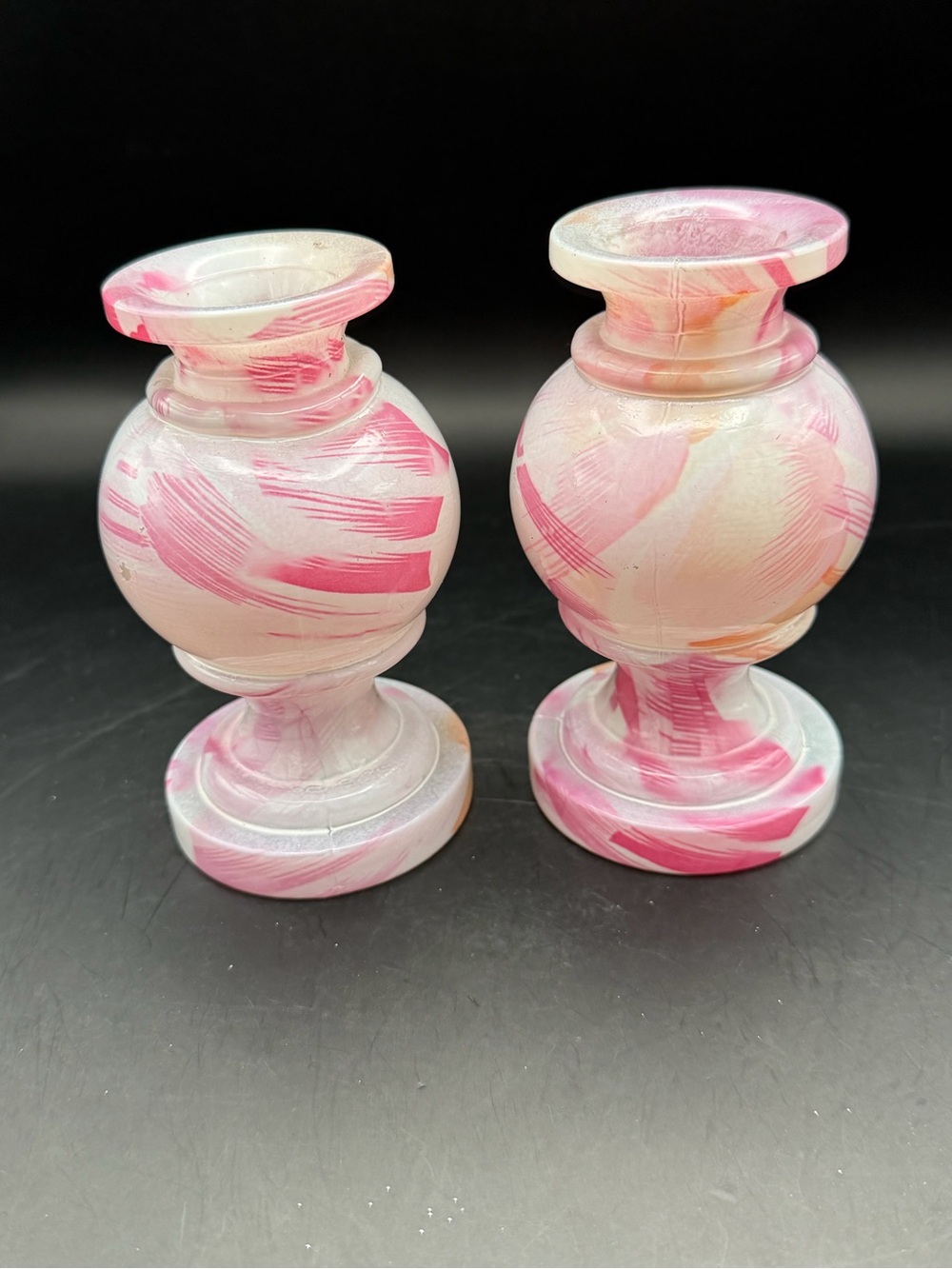 Vintage Marbled Pink Onyx Stone Candle Holders - Pair